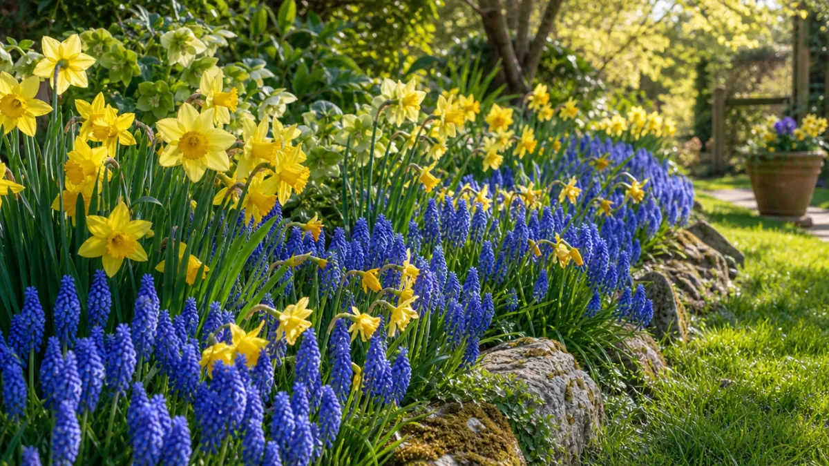a lush spring garden border with masses of blue muscari alongside yellow…