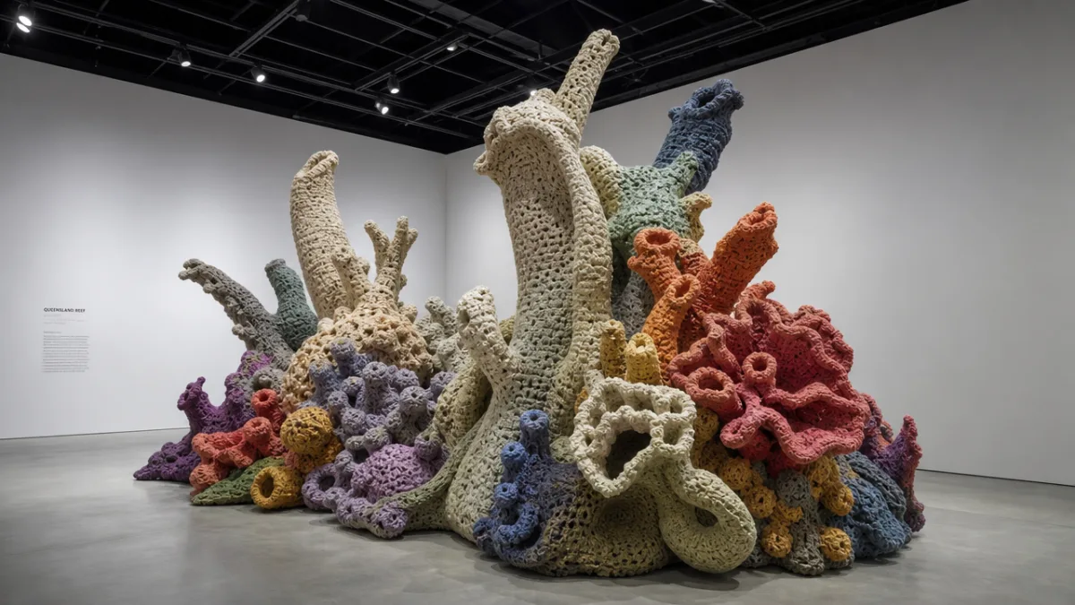 a large-scale crochet sculpture displayed in a gallery space, dramatic overhead lighting,…