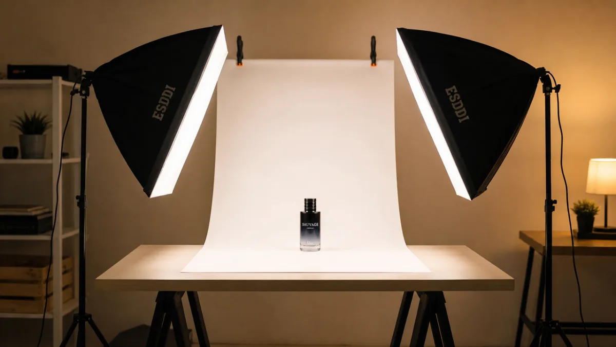 a low-budget DIY photo studio setup with two softboxes, white backdrop, and…