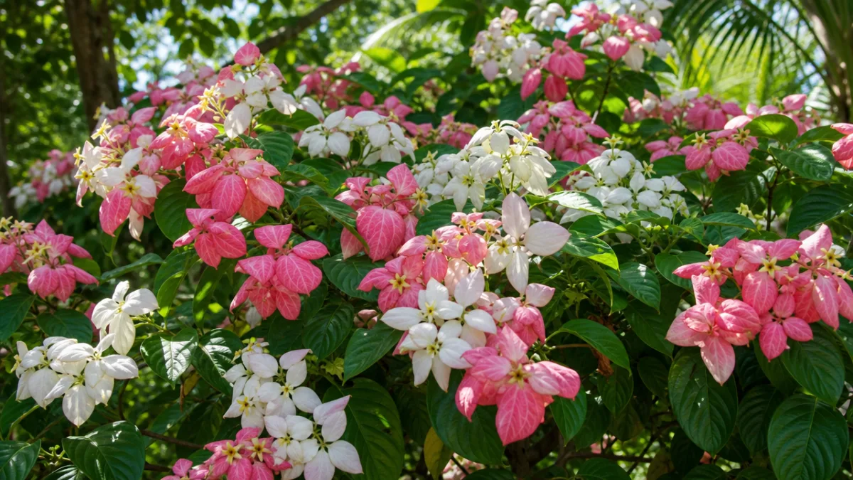 a vibrant Mussaenda shrub in full bloom with pink and white bracts,…