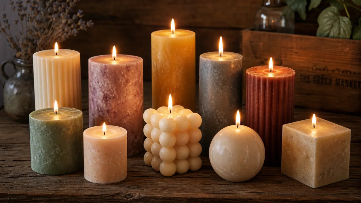 a collection of finished handmade pillar candles in various shapes displayed on…