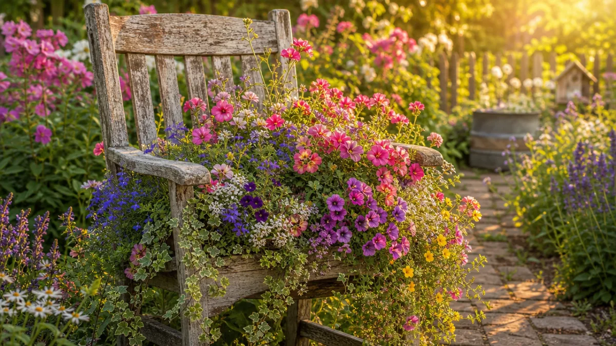 a weathered wooden chair overflowing with colorful trailing flowers in a lush…