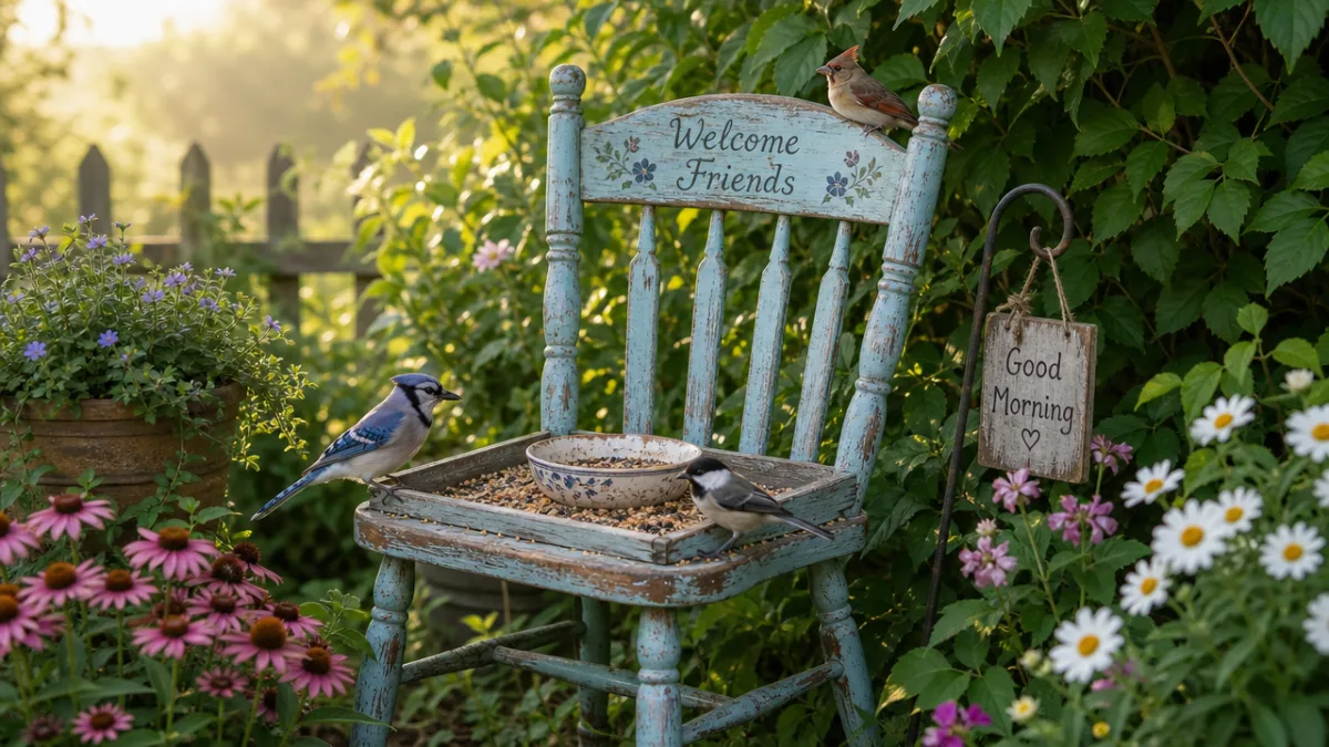 a rustic painted wooden chair converted into a bird feeding station surrounded…