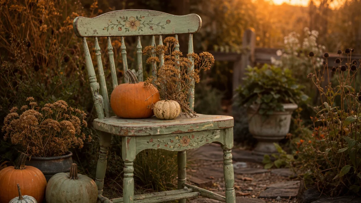 a vintage painted chair decorated with autumn pumpkins and dried seed heads…