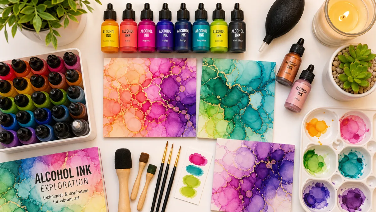 vibrant alcohol ink craft supplies arranged on a white table, overhead flat…