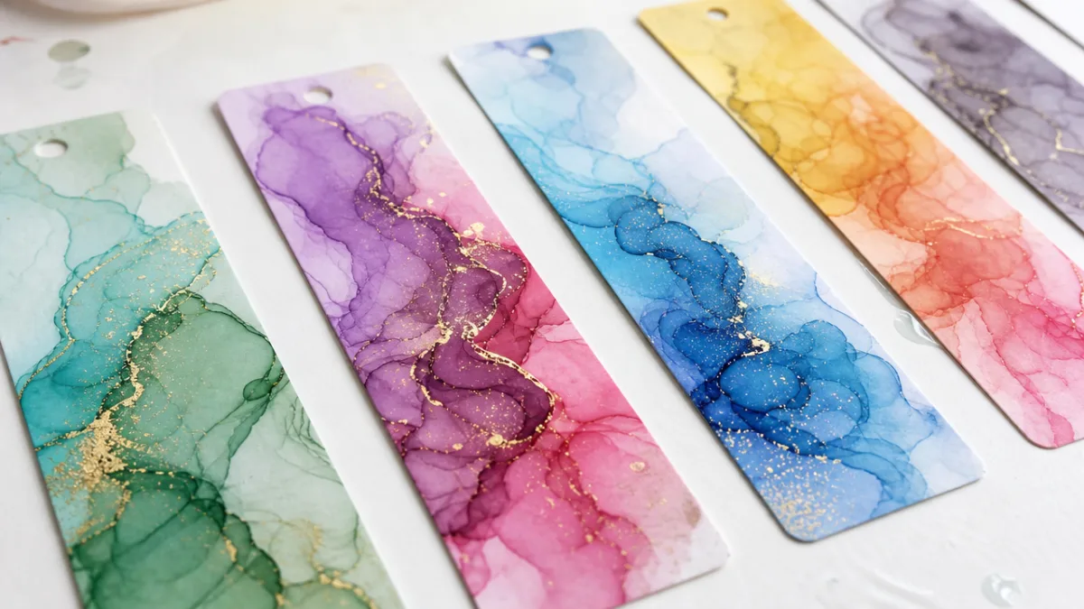 close-up of colorful swirled alcohol ink bookmark designs drying on a white…