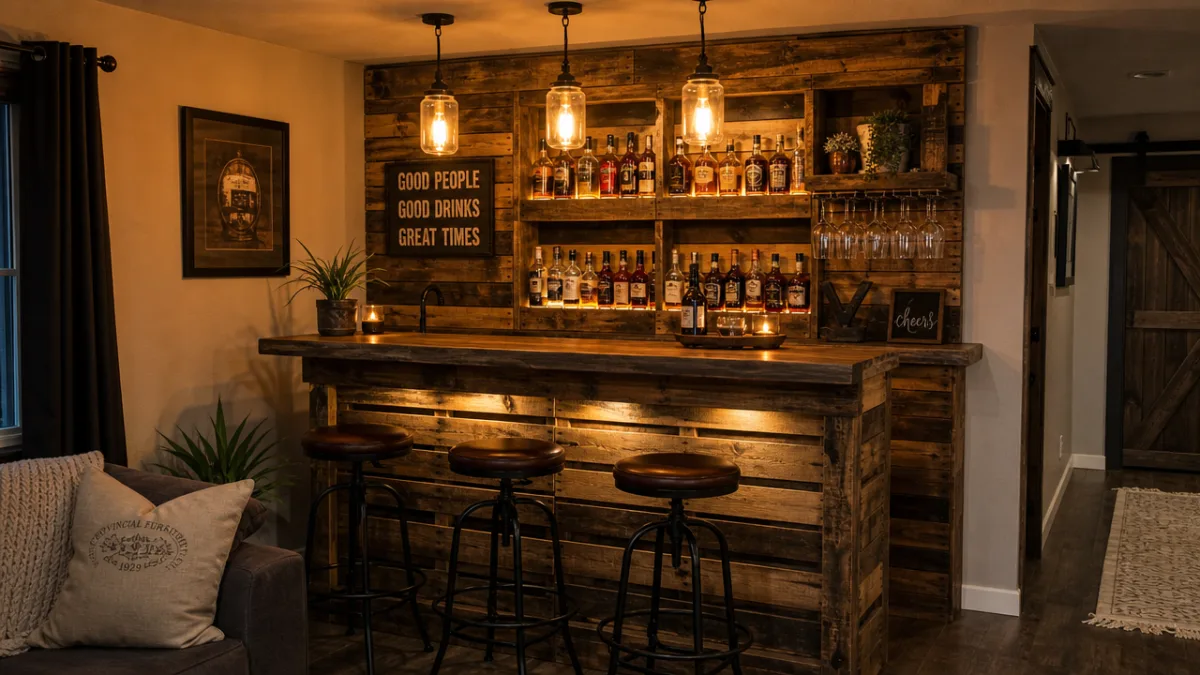 a finished rustic pallet home bar fully styled with bottles and pendant…