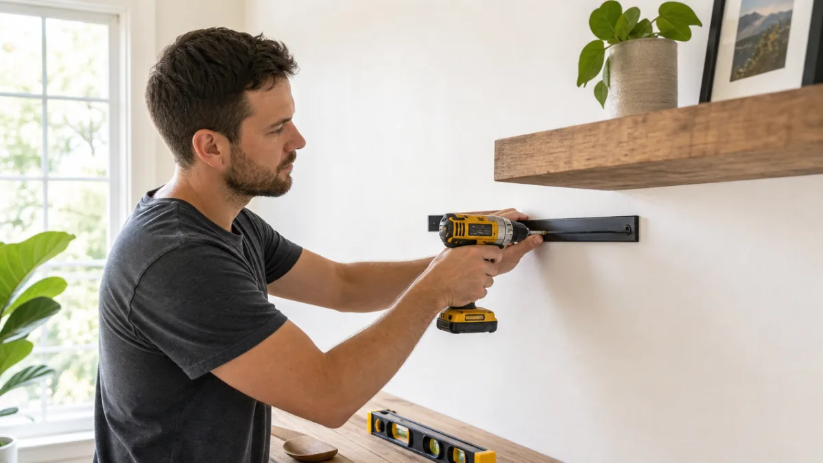 a person installing a wooden floating shelf bracket on a white wall,…