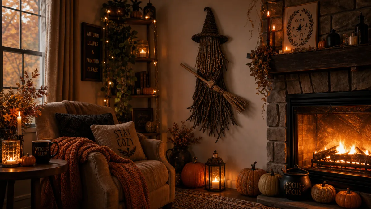 a cozy autumn living room corner with rope witch decoration, pumpkins and…
