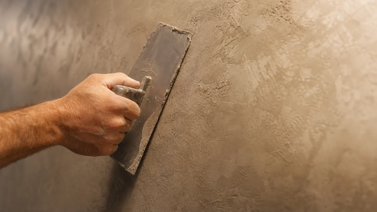 close-up of microcement texture being applied with a trowel, warm workshop lighting…