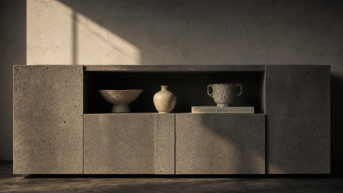 styled brutalist cabinet with ceramic vessels and a single art book, dramatic…