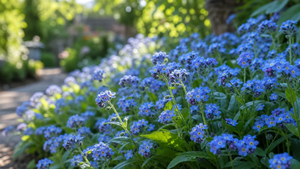 a lush garden bed of blue forget-me-nots under dappled morning light, soft…