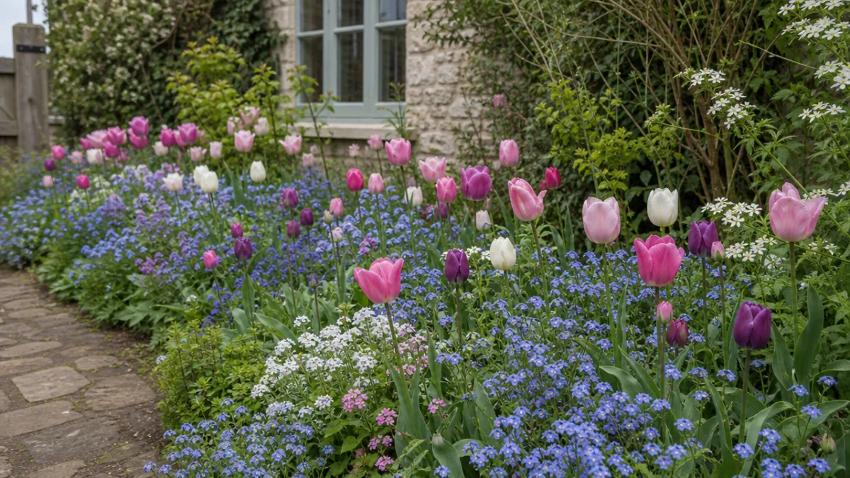 a cottage garden border of mixed forget-me-nots and spring tulips, soft overcast…