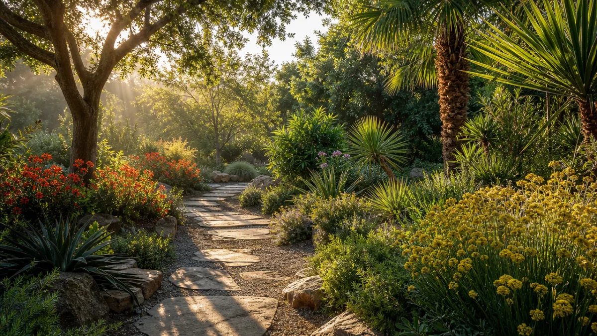 a beautifully landscaped subtropical garden with native shrubs and dappled morning light…