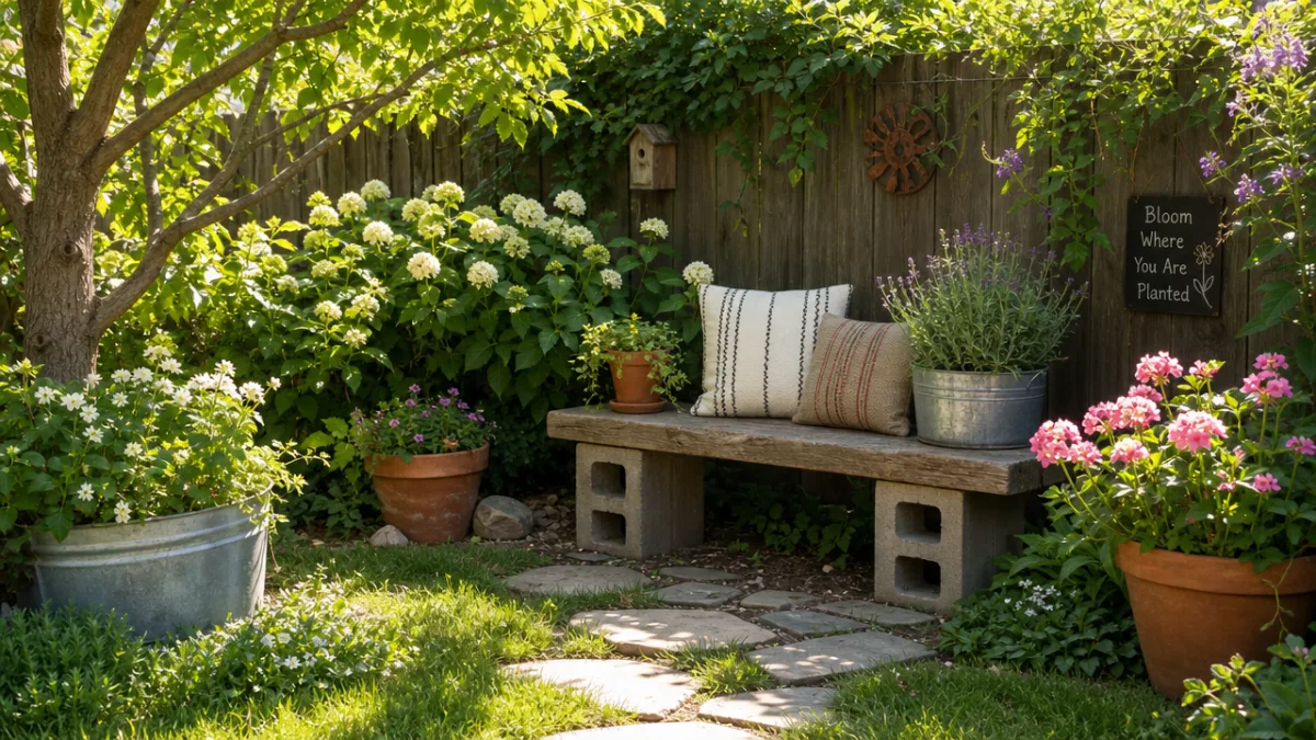 a sunlit backyard garden with a rustic cinder block bench surrounded by…