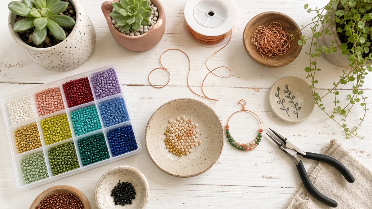 a flat lay of craft supplies including colorful seed beads, copper wire,…