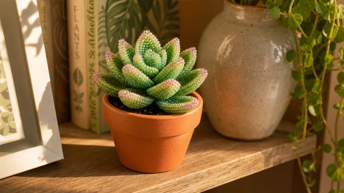 a finished beaded succulent in a small terracotta pot displayed on a…