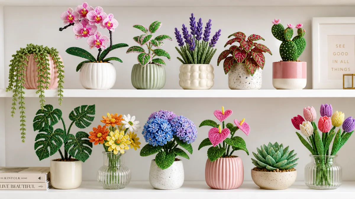a curated collection of colorful beaded plants and flowers arranged on a…