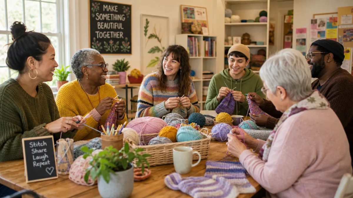 a group of diverse crafters gathered around a table with yarn and…