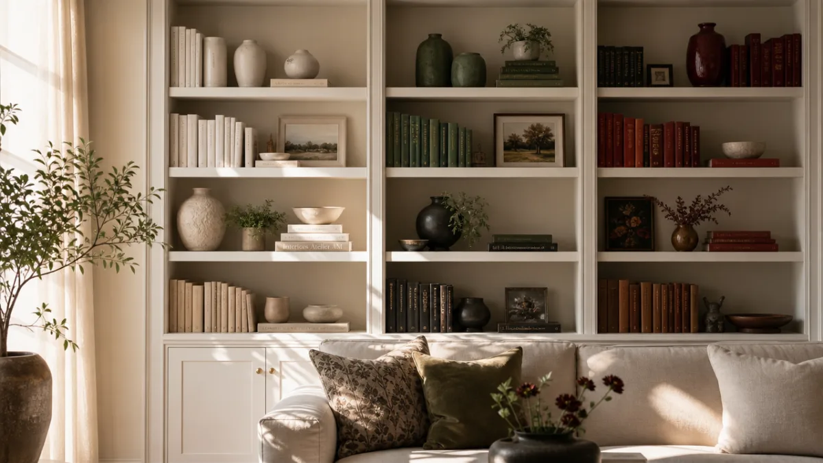 a beautifully styled living room shelf with curated objects grouped by color,…