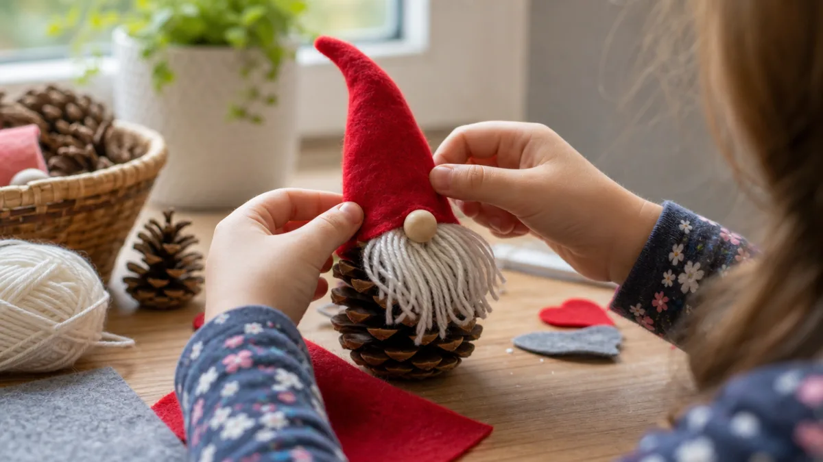 a child's hands carefully decorating a pine cone gnome with felt and…