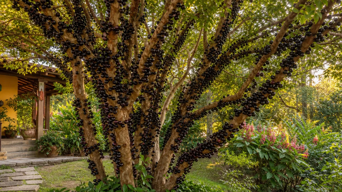 a mature jaboticaba tree in a lush garden setting, golden afternoon light,…