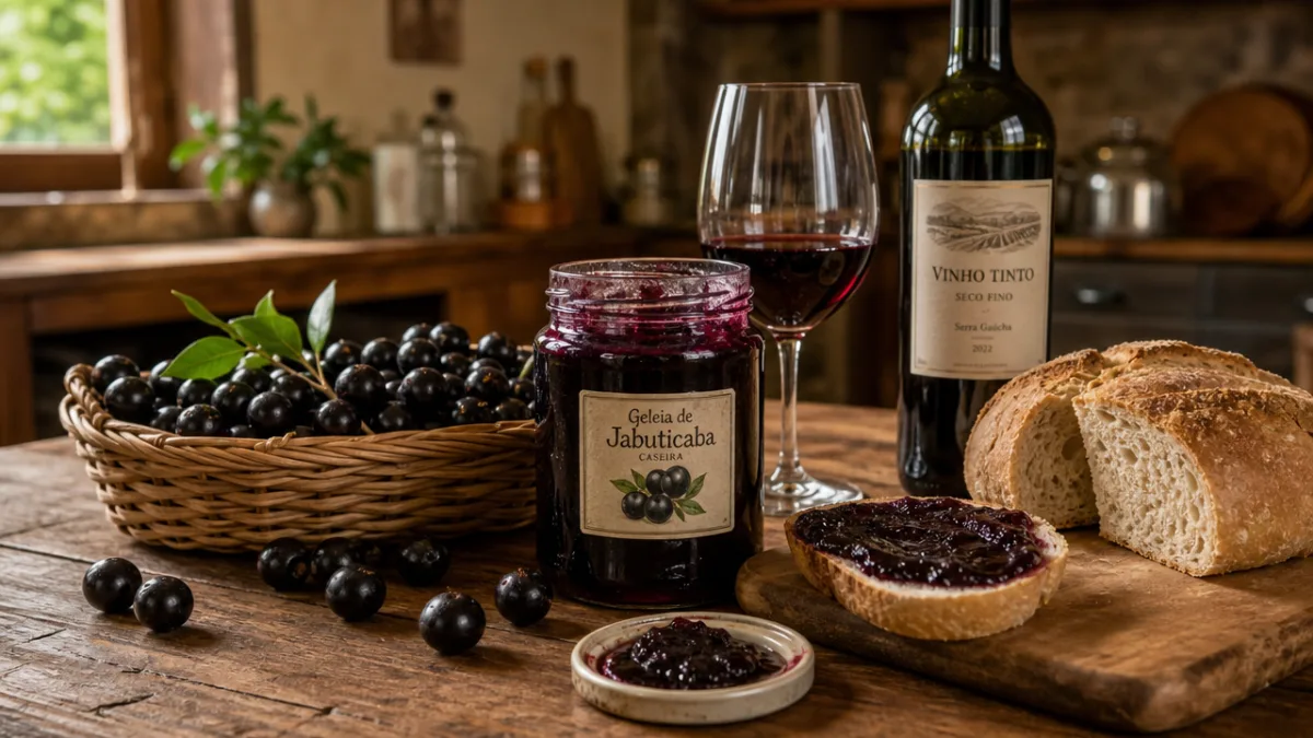a rustic wooden table with jaboticaba jam, wine, and fresh fruit, soft…