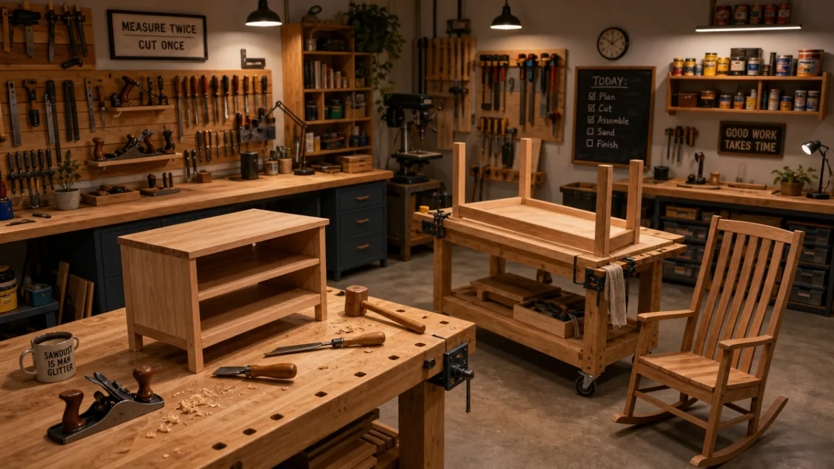 a well-organized DIY workshop with wooden furniture pieces in progress, warm workshop…