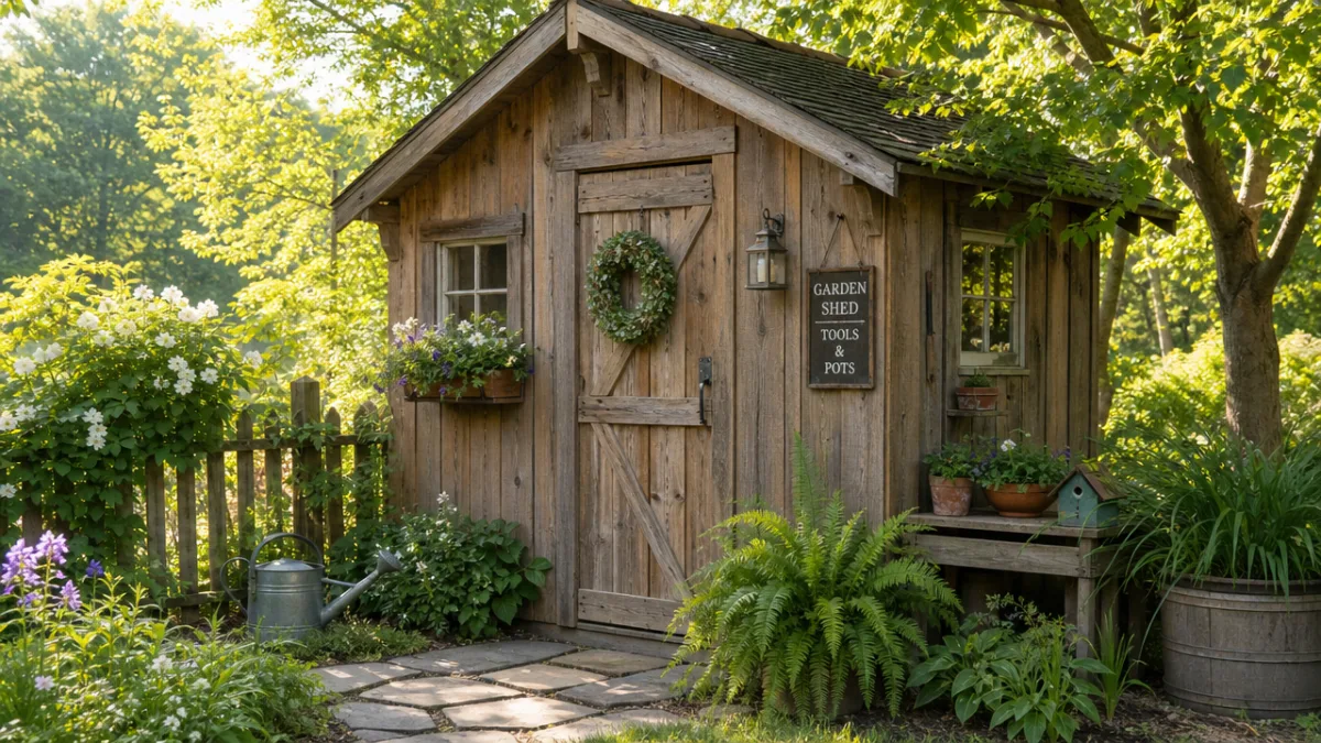 a rustic wooden garden shed exterior surrounded by lush greenery on a…