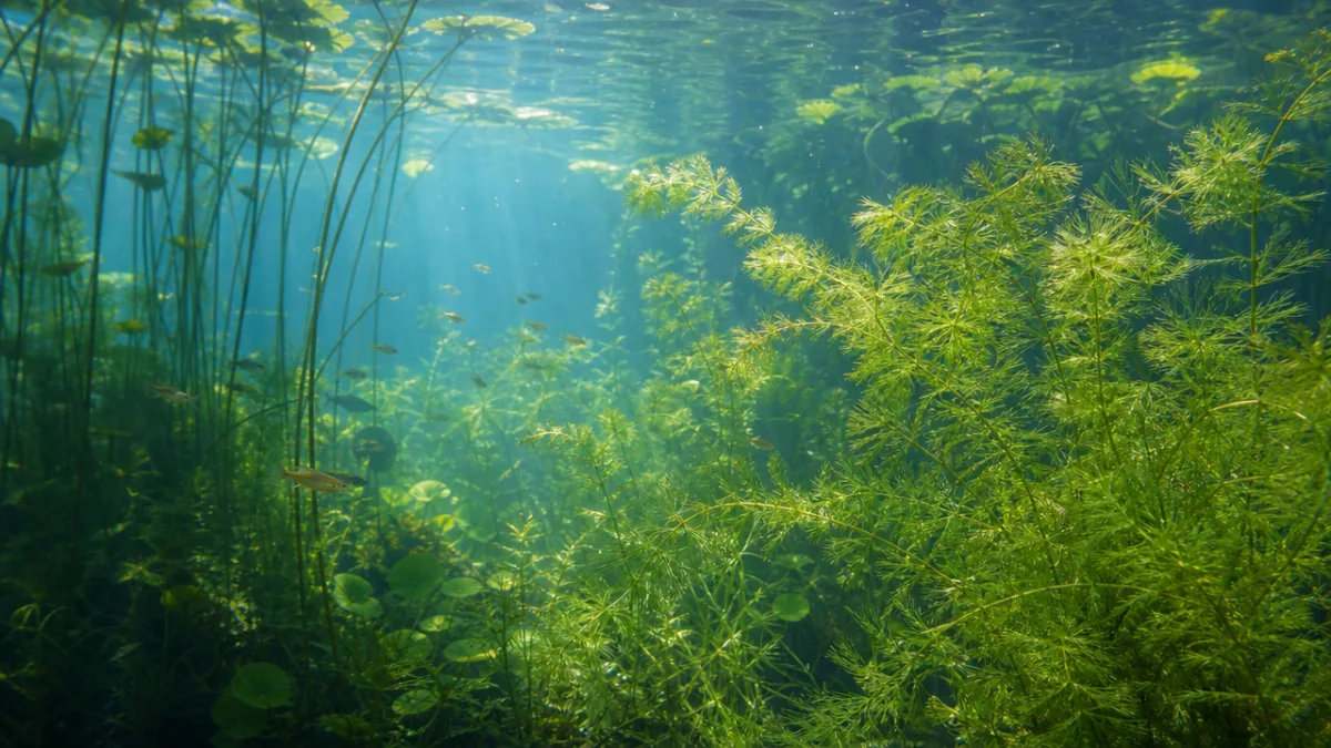 a lush underwater pond scene with feathery aquatic plants swaying gently, soft…