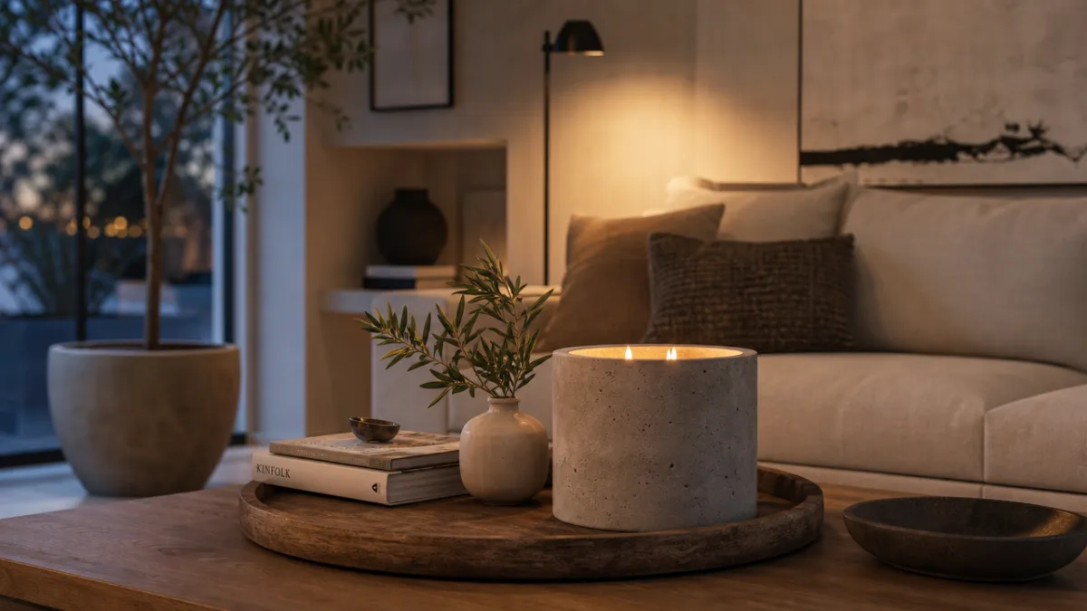 a serene modern living room vignette with a large concrete candle glowing…