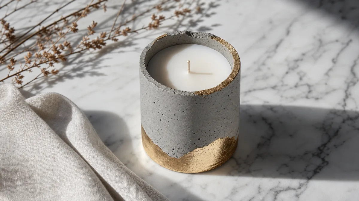 a detailed flat-lay of a concrete candle with gold accent on a…