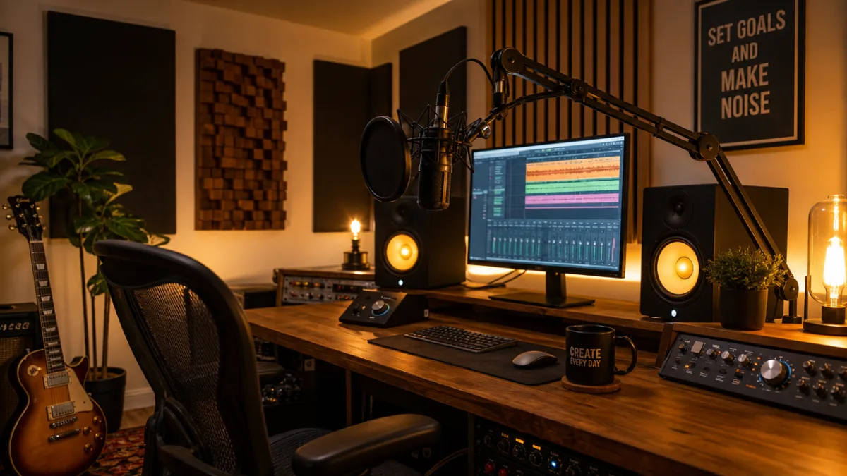 a warmly lit home recording studio with acoustic panels, professional microphone on…