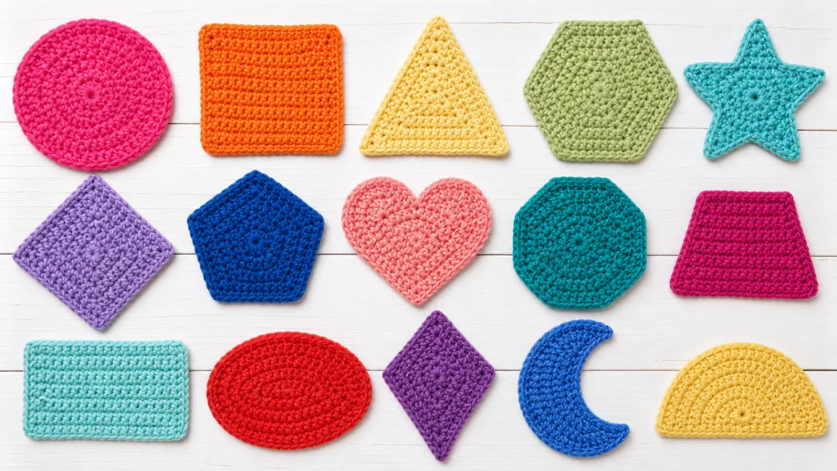 a flat lay of colorful crocheted geometric shapes on a white wooden…