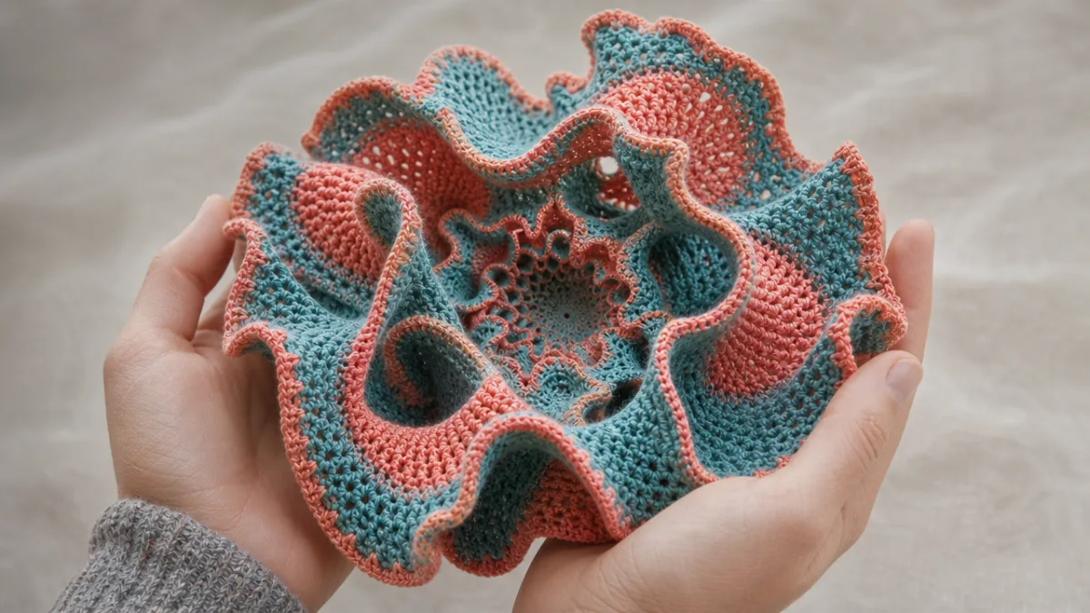 hands holding a ruffled crocheted hyperbolic plane in coral and teal yarn,…