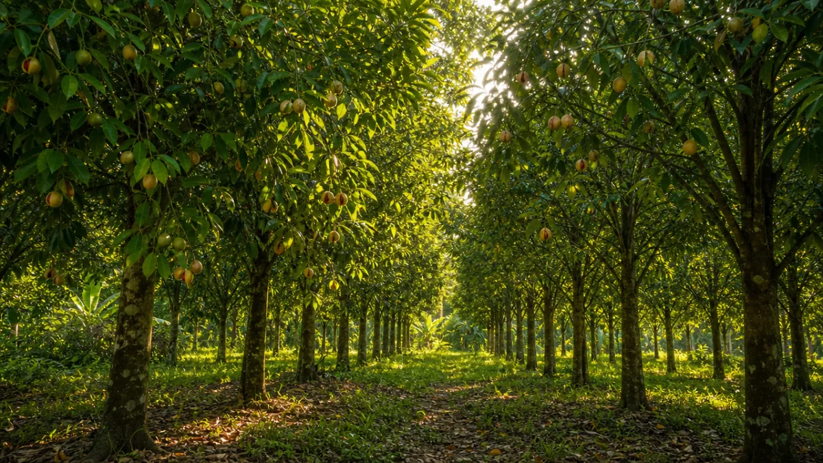 rows of nutmeg trees in a lush tropical plantation, golden afternoon light…
