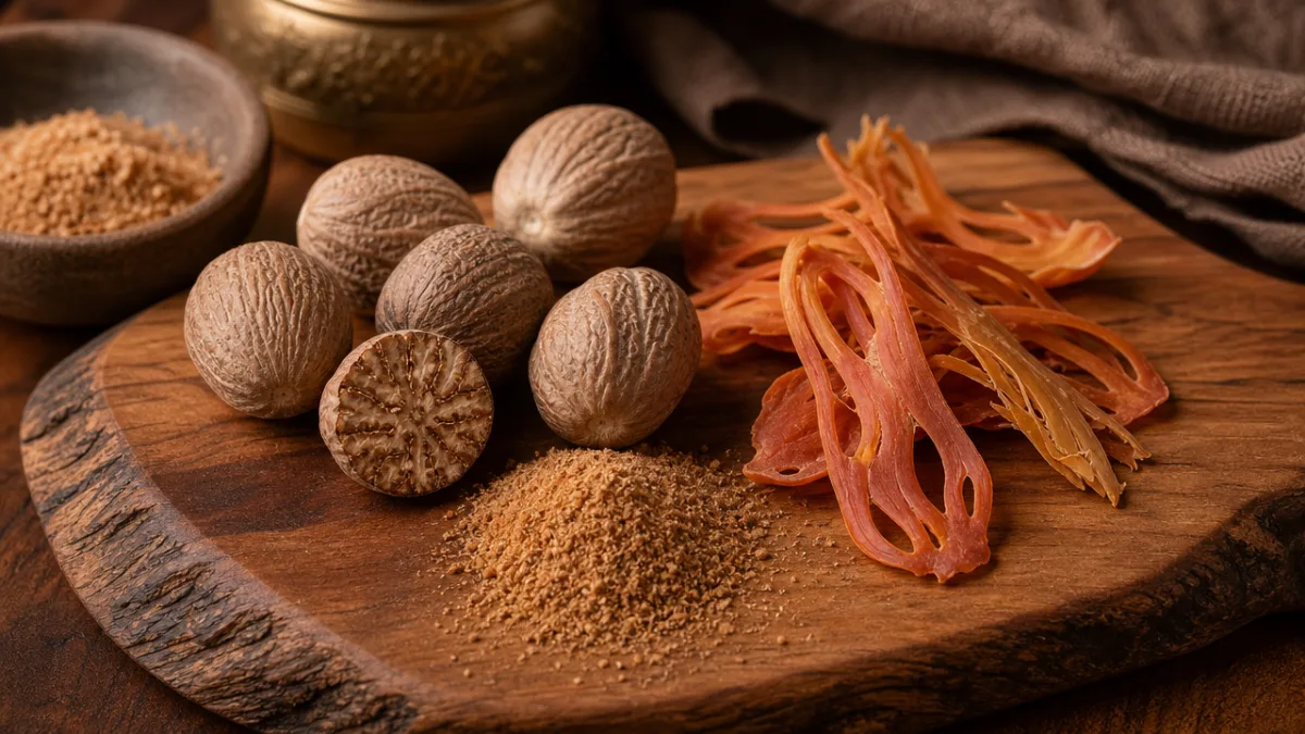 an artisan wooden board with whole nutmegs, mace blades, and ground spices,…