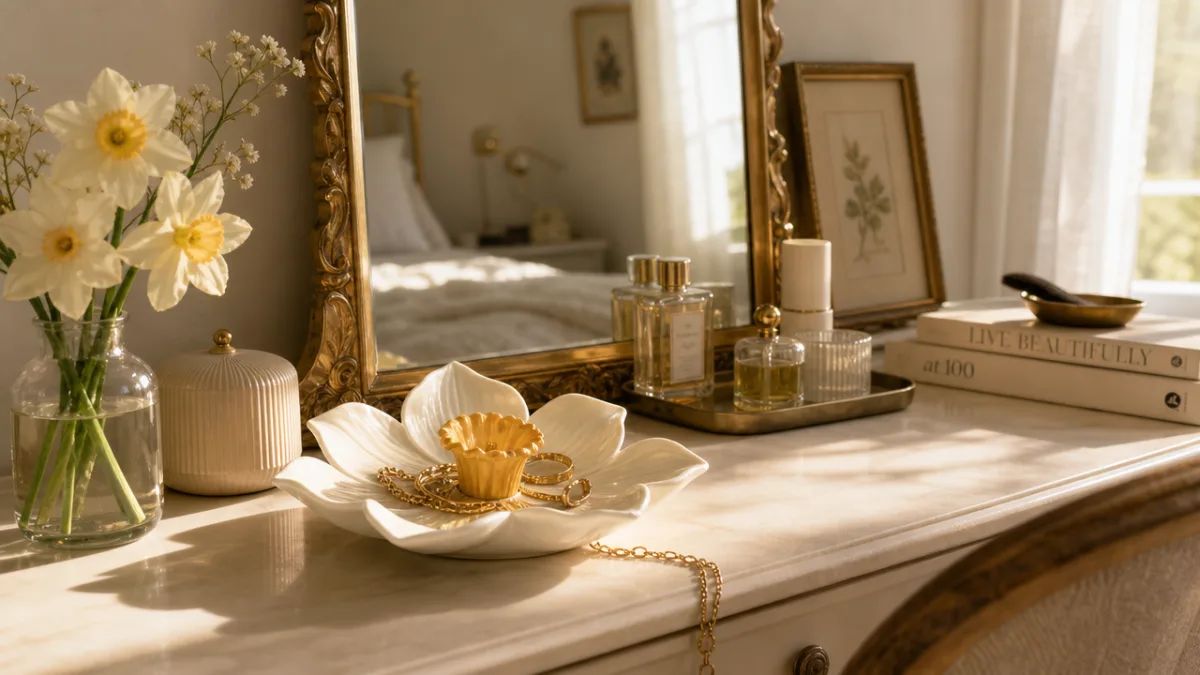 a styled bedroom vanity with a narcissus flower dish holding jewelry, soft…