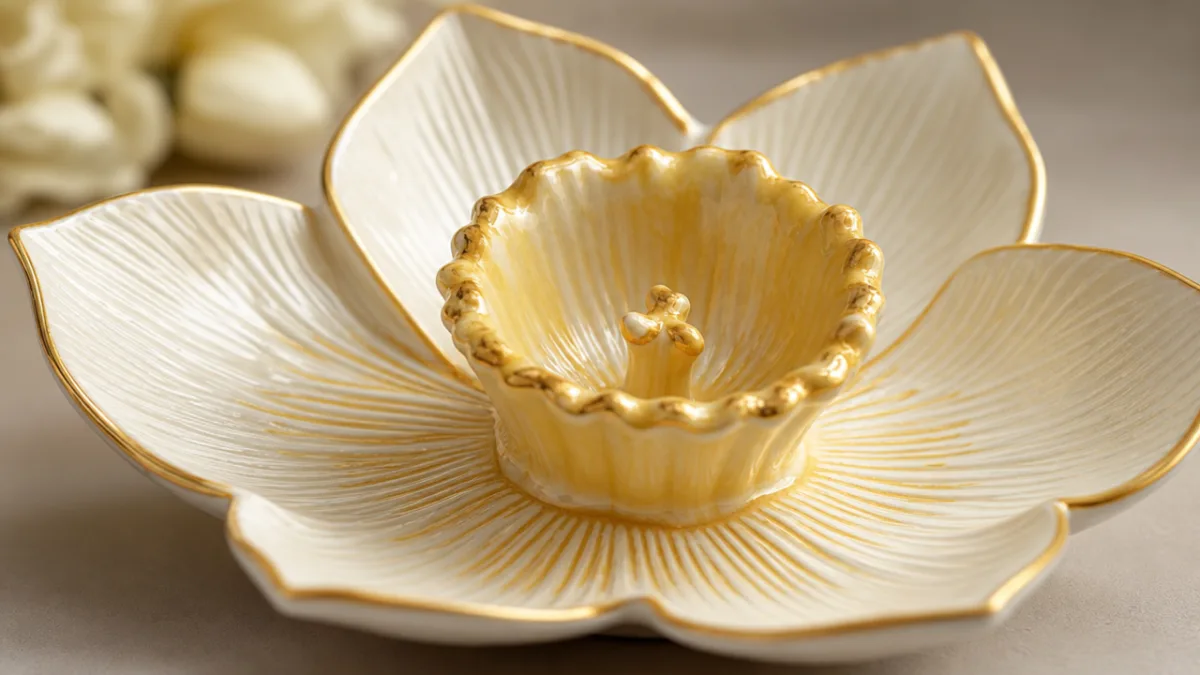 a close-up of a narcissus-shaped ceramic dish with gold detailing, soft studio…