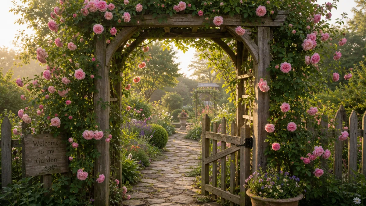a rustic wooden garden arbor covered in blooming pink roses at the…