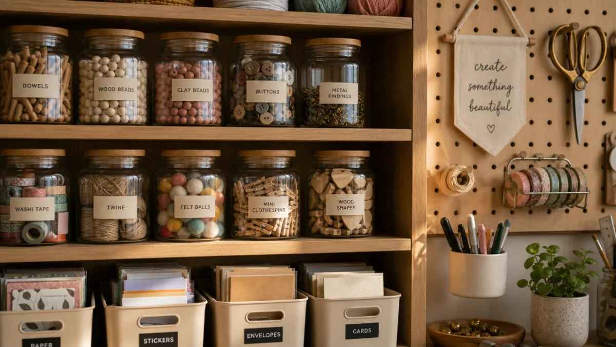 a close-up of organized craft storage with glass jars, labeled bins, and…