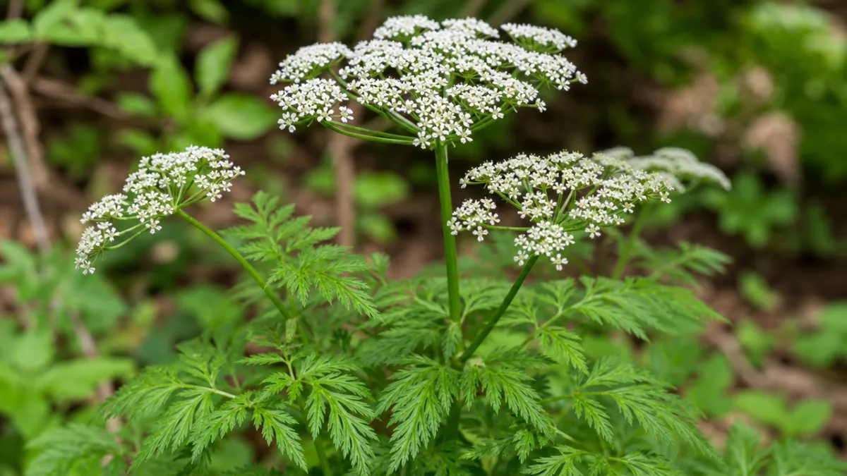 a close-up of Sweet Cicely plant with white umbel flowers and feathery…