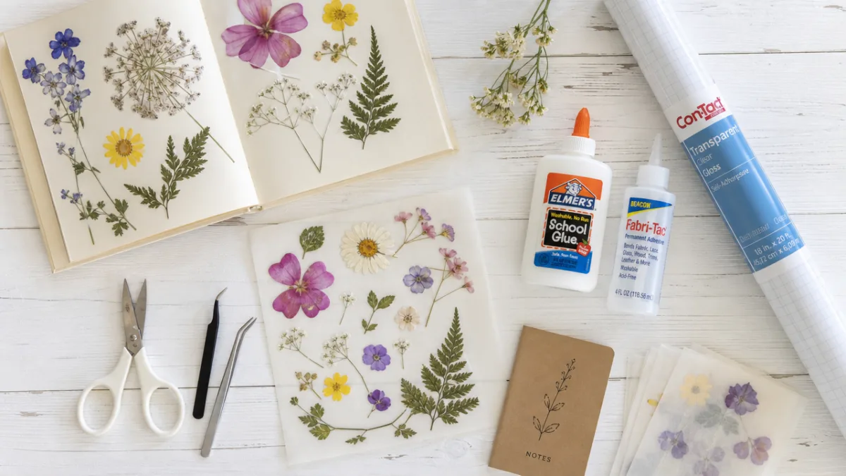 a flat lay of pressed flowers, glue bottles, contact paper, and craft…