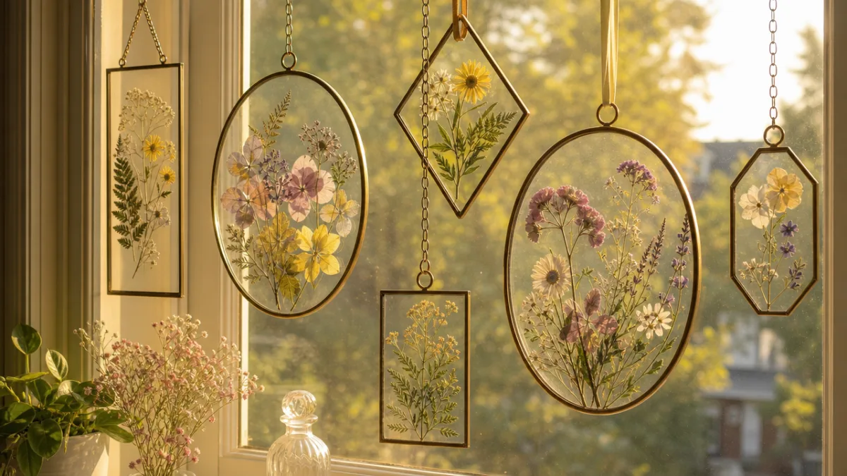 multiple pressed flower suncatchers hanging in a sunny window, warm golden afternoon…