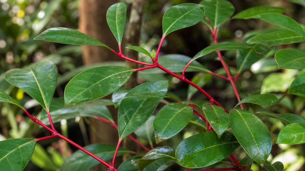 a close-up of Red Mapou shrub with vivid red stems and glossy…