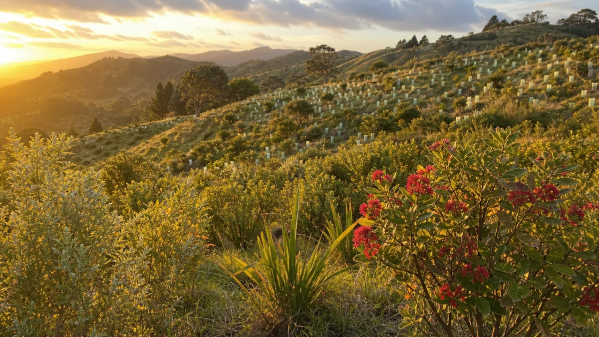 a sweeping New Zealand hillside restoration planting of native shrubs including Red…
