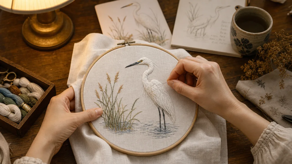 hands embroidering a delicate egret onto ivory linen fabric at a wooden…