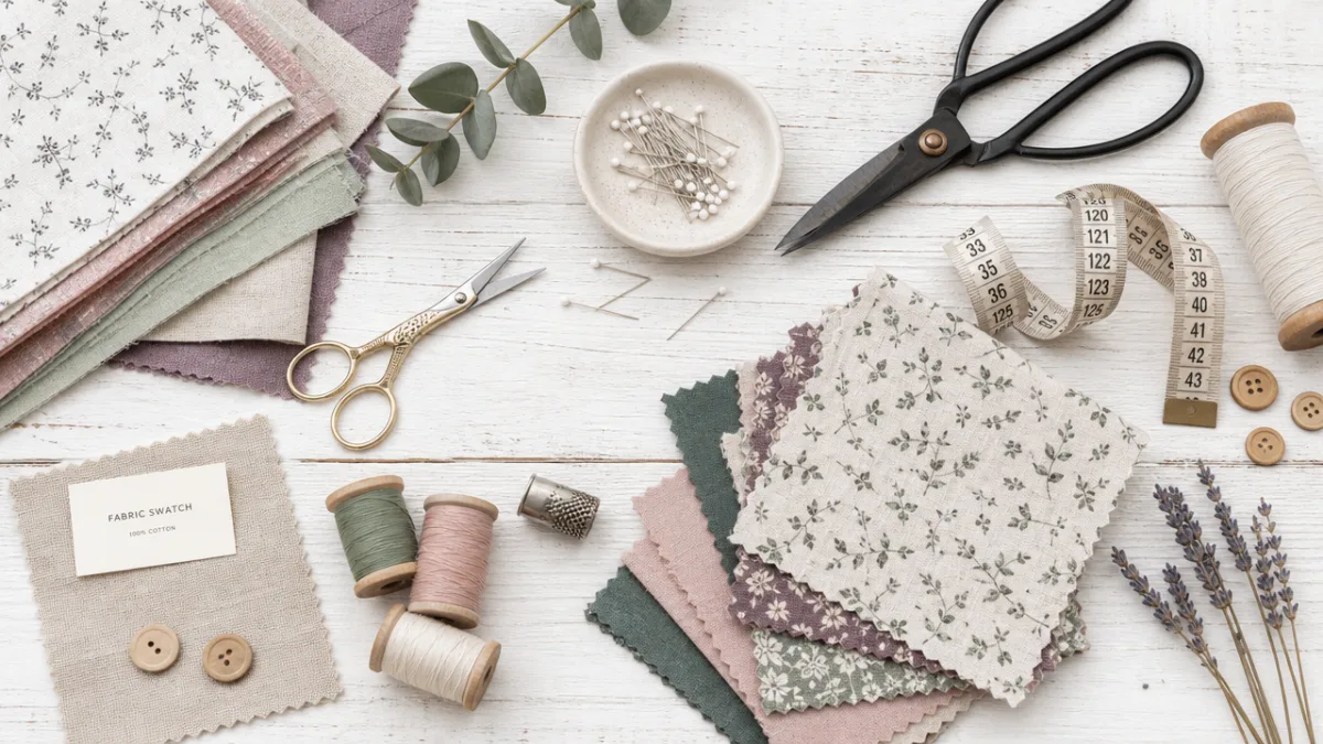 a styled flat-lay of sewing tools and fabric swatches on a white…