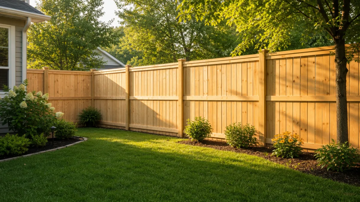 a sunny backyard with a freshly built natural wood privacy fence surrounded…