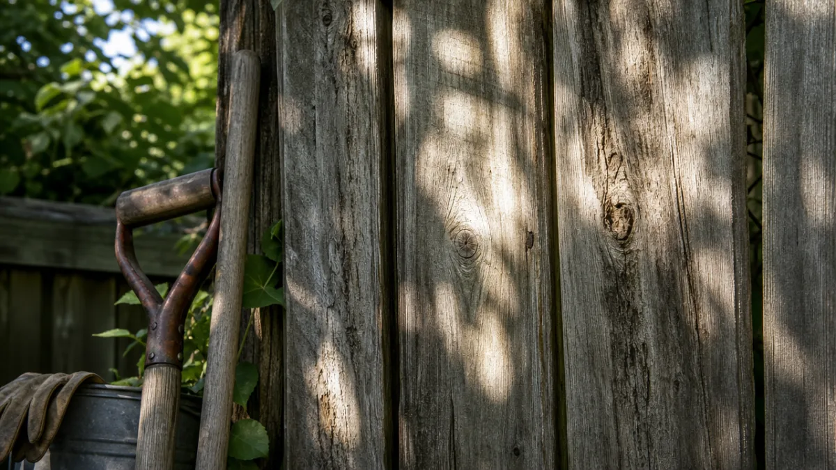 a close-up of weathered wooden fence boards with tools nearby, dappled sunlight…